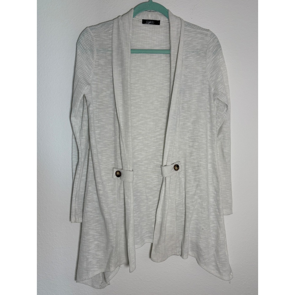 CURE Women White Ribbed Knit Open Front Cardigan Sharkbite Hem Large‎